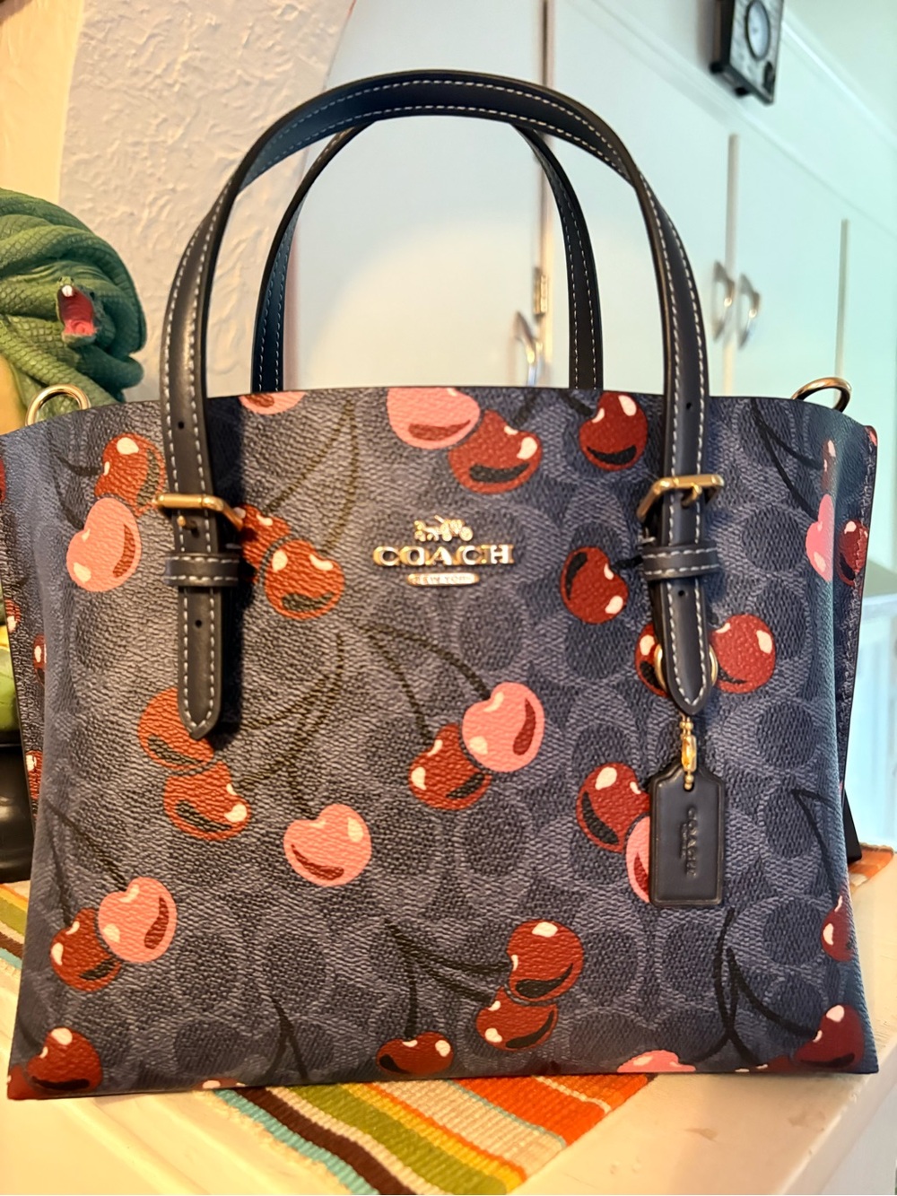 Coach Mollie Tote 25 w/Cherry Print on Signature Canvas Dark Denim Color NWOT